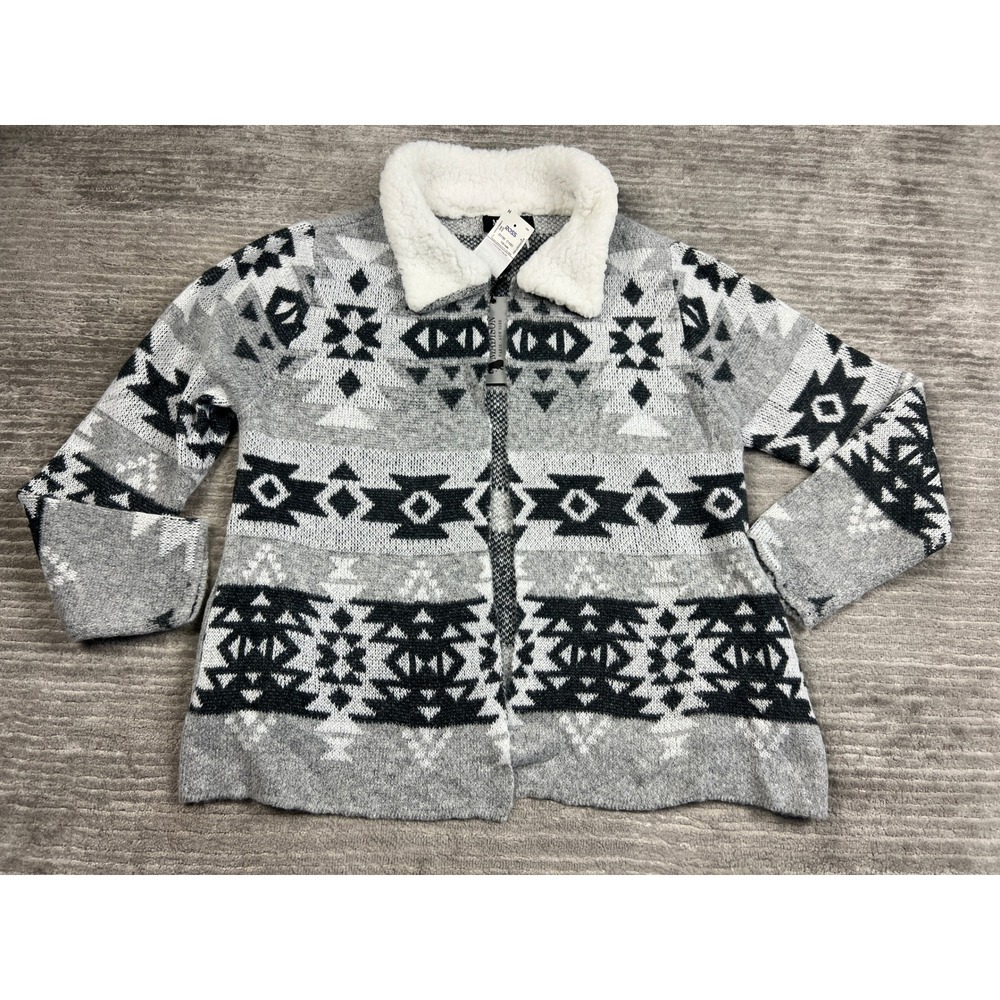 Madison Cardigan Womens XL Gray Aztec Sienna Sherpa Collar Open Front M05033M